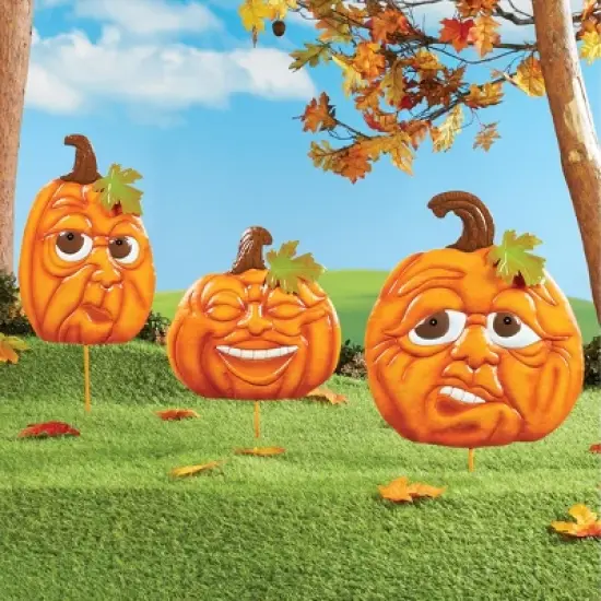 Collections Etc Hand-Painted Expressive Pumpkins Yard Stakes - Set of 3 image {1}