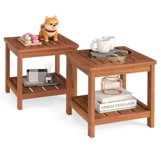 Tangkula 2PCS 2-Tier Adirondack Side Table w/ Slatted Tabletop Storage Shelf for Garden image {10}