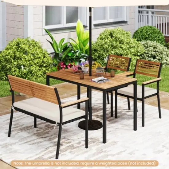 Tangkula Set Of 4 Patio Furniture Set Outdoor Dining Chair Set for 4 w/Acacia Wood & Metal Frame Umbrella Hole 1 Table 2 Armchairs 1 Bench image {3}