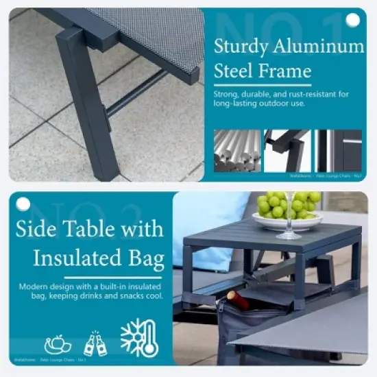 Brafabhome Patio Chaise Lounge with 5-Postion Adjustable Backrest, Aluminum Pool Loungers with Side Table & Insulated Cooler Bag for Poolside Garden image {6}