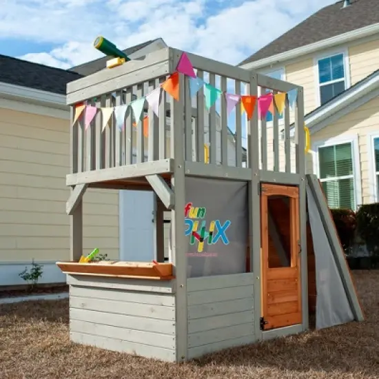Funphix Lookout Post Outdoor Wooden Playhouse, Buildable Kids Backyard Playset with Climbing Ramp image {3}