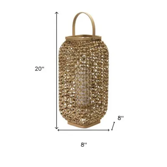 HomeRoots 20" Natural Distressed Woven Glass And Wicker Floor Lantern Candle Holder image {2}