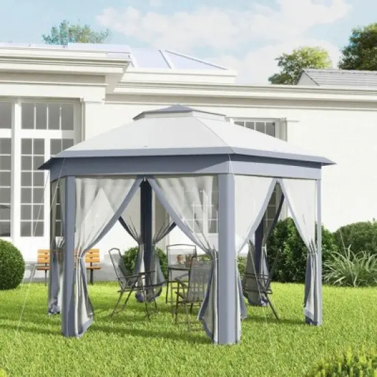 Resenkos Patio Garden Pergola, Pergola Canopy,13' x 13' Pop Up Gazebo Hexagonal Canopy Shelter with 6 Zippered Mesh Netting Gray image {6}
