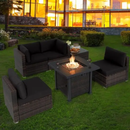 Tangkula 6 Piece Patio Wicker Conversation Set, Outdoor Rattan Sofa Set w/ 32" Propane Fire Pit Table, 50,000 BTU Heat, Tempered Glass Tabletop Black/Navy Blue/Red/Turquoise/Off White image {1}