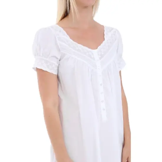 Women's Cotton Victorian Nightgown, Amelia Short Sleeve Lace Trimmed Button Up Long Vintage Night Dress Gown image {2}