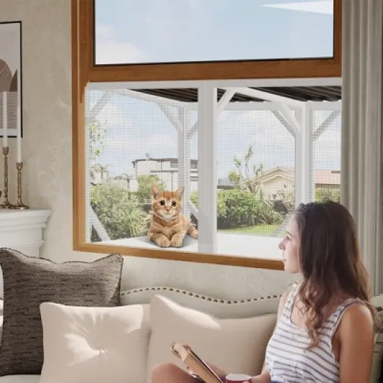 Kumasinova Outdoor Cat Window Perch,43.3" Wooden Cat Cage Enclosure for Indoor Cats,Weatherproof Outdoor Cat House with 270&deg; View for Sunbathing image {3}