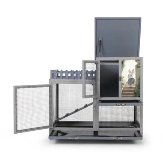 AZL1 Life Concept Pet Crates and Houses 2-Tier Waterproof Wooden Rabbit Hutch with Removable Tray, Ramp, Fence, Gray, 38.19"*23.62"*36.22" image {3}