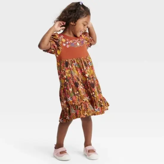 Latino Heritage Month Toddler Puff Short Sleeve Shift Dress - Orange Floral image {2}