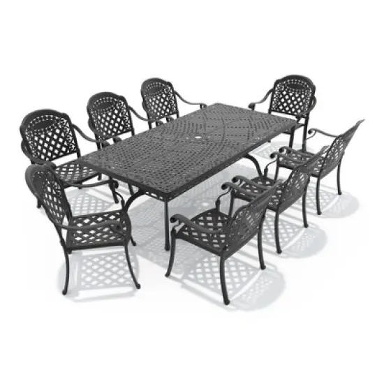 9-Piece Cast Aluminum Outdoor Dining Set with Red Cushions, Rectangle Table & Stackable Chairs - for Patio, Backyard image {2}