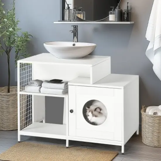 Cat Litter Box Enclosure For Bathroom, Hidden Litter Pet Washroom With Divider, Indoor Cat House For Large Cats-Cuddlewood image {1}