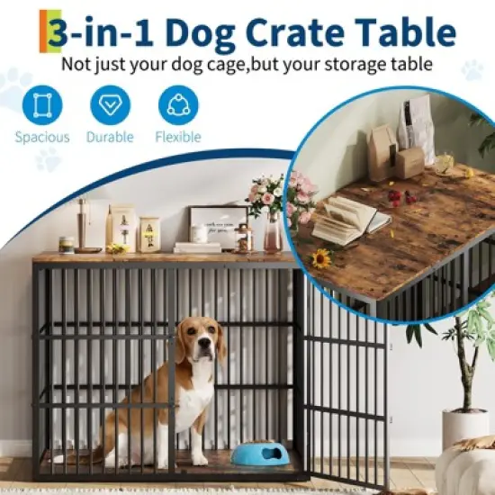 48'' Dog Crate Furniture, 3-in-1 Wooden Dog Kennel with 3 Lockable Doors, Heavy Duty Metal Frame & Sturdy Panels, Large End Table image {2}