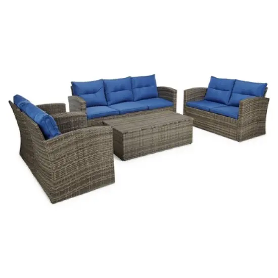 5pc Wicker Outdoor Conversation Set Blue/Brown - EDYO LIVING image {2}