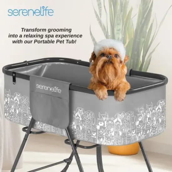 SereneLife Portable Dog Bath Tub with Built-in Drain System, Three-Point Leash Restraint - Gray/Black image {6}
