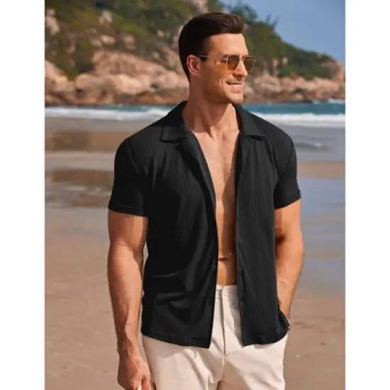 COOFANDY Mens Knit Button Down Short Sleeve Button Up Shirt Summer Casual Beach Tops image {6}