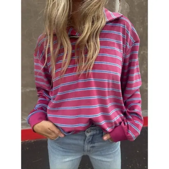 Women's Ascot + Hart Collared Striped Long Sleeve Graphic T-Shirt image {4}