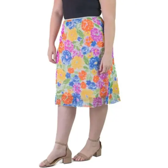 Plus Size Sheer Overlay Colorful Floral Elastic Waist Knee Length Skirt image {3}