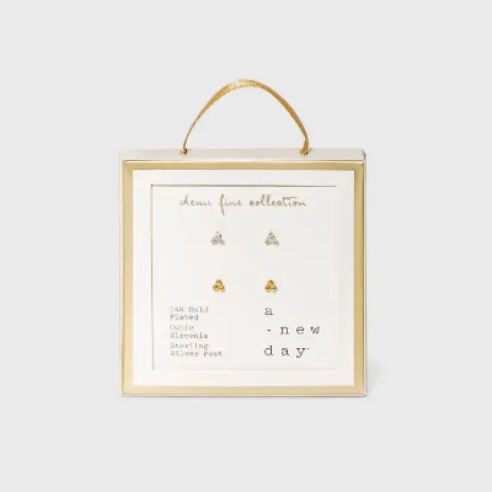 14K Gold Plated Cubic Zirconia Ball Cluster Stud Earring Set 2pc - A New Day&trade; image {2}