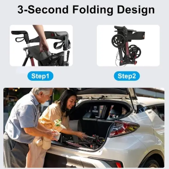 Rollator Walkers with Seat for Seniors, No Assembly Foldable All Terrain Lightweight Durable Aluminum Rolling Walker with Comfortable Backrest image {3}