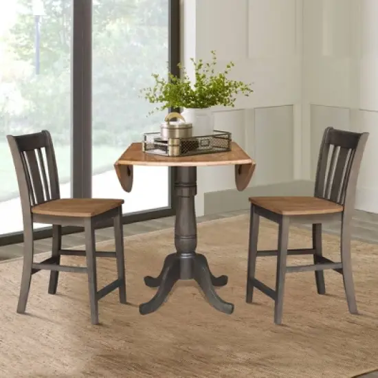 3pc 42" Round Dual Drop Leaf Counter Height Dining Table with 2 Splat Back Stools Hickory/Washed Coal - International Concepts image {5}