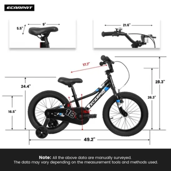 NAYSAYE Kids Bike 18 Inch Bicycle 1 Speed with Removable Training Wheels V Brake, for Boys and Girls Ages 3 to 9, 49.5"*21.6"*28.3" image {4}