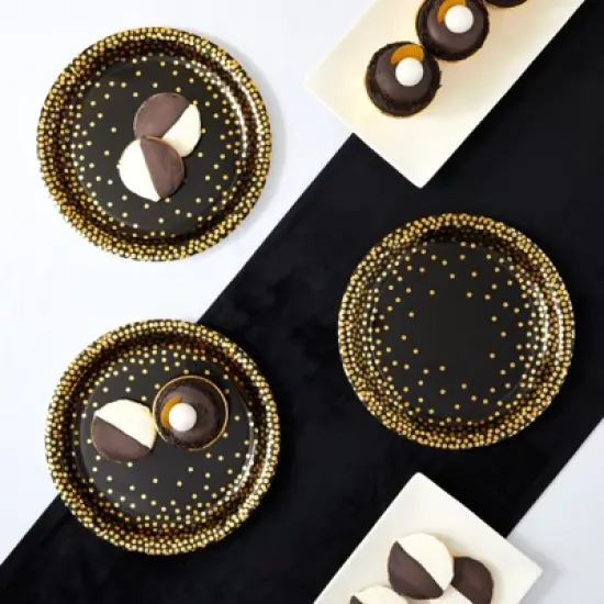Blue Panda 48 Pack Black and Gold Paper Plates with Gold Foil Dots, Birthday, Graduation, New Years, Retirement, 1920's Dinner Party Supplies, 9 In image {1}