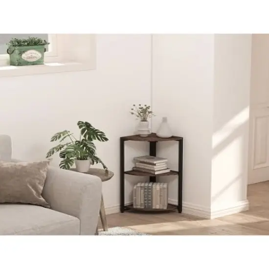 Year Color Modern Industrial Black And Antique Wood Small 3 Tier Display Corner Bookshelf With Plant Stand And Storage Rack image {2}
