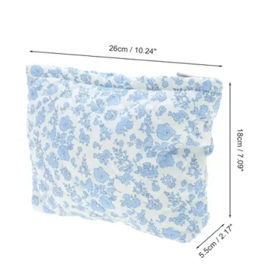 Unique Bargains Floral Quilted Clutch Makeup Bag Blue White 1 Pc image {1}