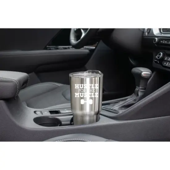 100 North 30 Ounce Stainless Steel On the Go Travel Tumbler With Push Top Lid, Hustle for the Muscle Silver image {4}