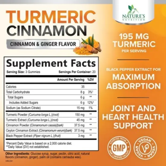 Turmeric Curcumin Gummies 95% Curcuminoids Cinnamon, Ginger, Black Pepper Extract Max Absorption Joint Supplement - 60 Gummies By Nature's Nutrition image {1}