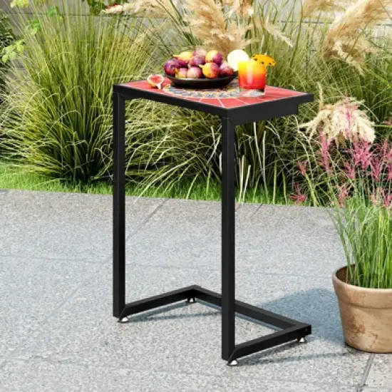 Tangkula 2PCS Mosaic Outdoor C-Shaped End Table w/ Ceramic Tile Top Sturdy Metal Frame image {1}
