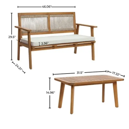 LuxenHome Outdoor Acacia Wood Rope Back Loveseat with Cushions and Coffee Table Set image {5}