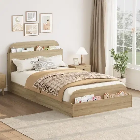 Twin Size Wood Bed Frame with Storage Headboard and Raised-Foodboard for Kid, Twin-Floor Low Platform Bed for Bedroom, No Box Spring Needed image {2}
