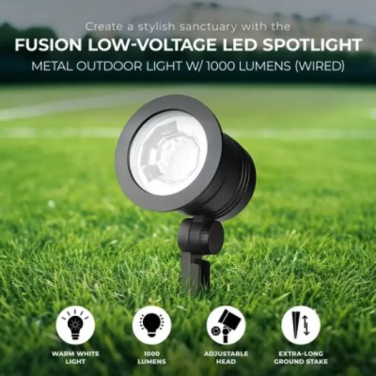 Fusion Wired Low-Voltage LED Spotlight, Metal Outdoor Patio Lawn Landscape Ground Stake Light with Adjustable Head, 1000 Lumens, Black image {1}