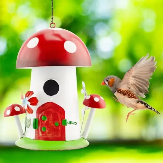 Esterno Mushroom Shaped Birdhouse; Songbird Nesting Galvanized Iron Colorful Mushroom Bird House image {1}