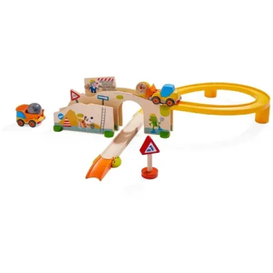 HABA Kullerbu at The Construction Site Play Track - 13 Piece Starter Set with 2 Vehicles and Ball Drop - Ages 2 and Up image {7}