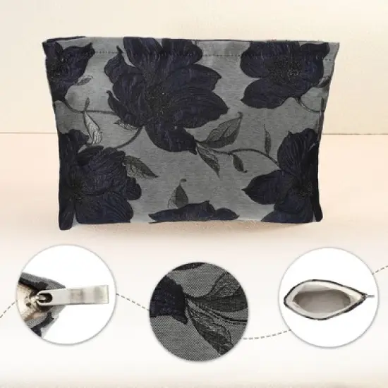 Unique Bargains Travel Canvas Floral Zipper-Closure Deep Blue 1 Pc image {4}