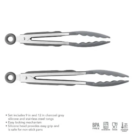 Tovolo 9" and 12" Elements Silicone Tongs Charcoal: Stainless Steel, Dishwasher-Safe, 13.5" Length, Gray image {3}