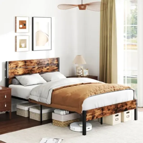 Costway Twin/Full/Queen/King Bed Frame with Tall Industrial Headboard Heavy-Duty Metal Slats Support Brown image {3}