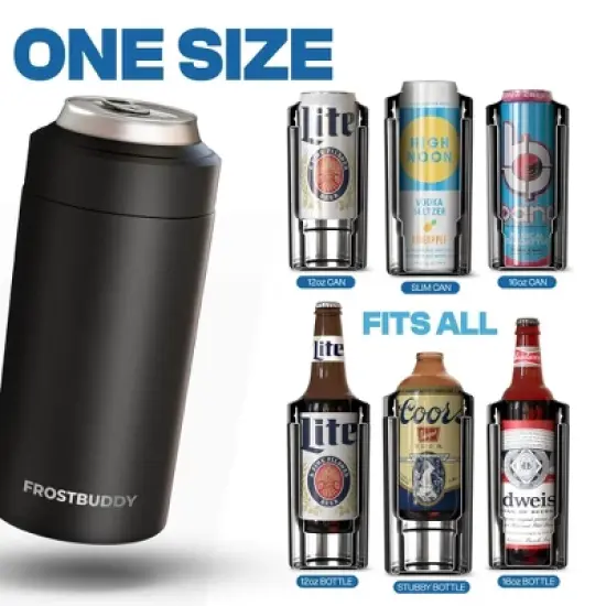FrostBuddy Universal Buddy Insulated Can Cooler | Fits 12oz Cans, Slim Cans & Bottles | Stainless Steel Drink Holder image {11}