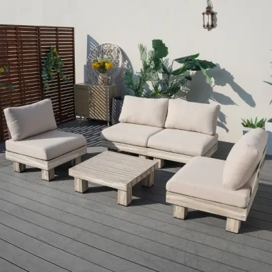 Moda Furnishings 4-Person Outdoor Patio Aluminum Wood Grain Sectional Seating Group With Beige Cushions image {10}