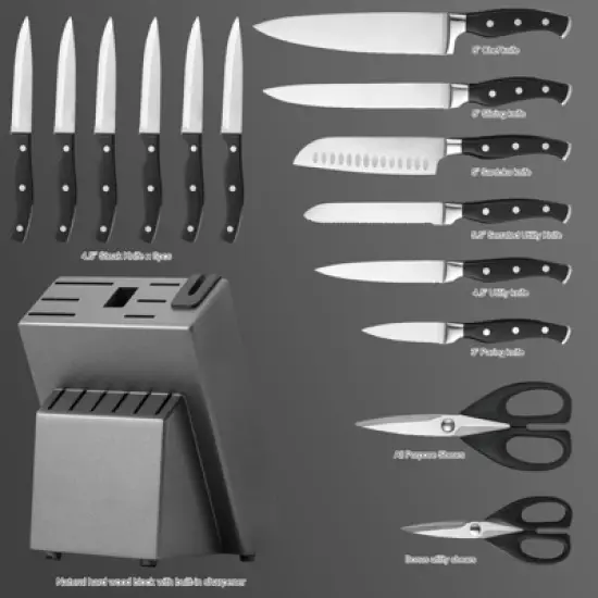 Itopfox German Stainless Steel Kitchen Knife Block Set with Built-in Sharpener - 15-Piece Knife Set for All Cooking Needs image {1}