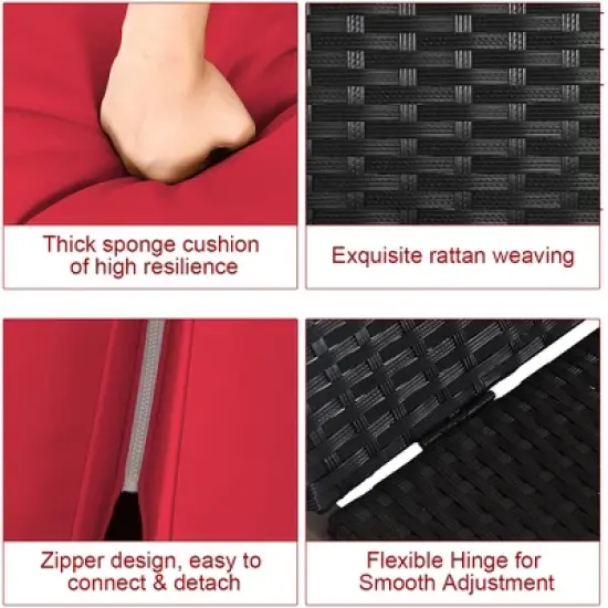 Costway 2-Person Patio Rattan Lounge chair Chaise Recliner Adjustable Cushioned Red image {8}