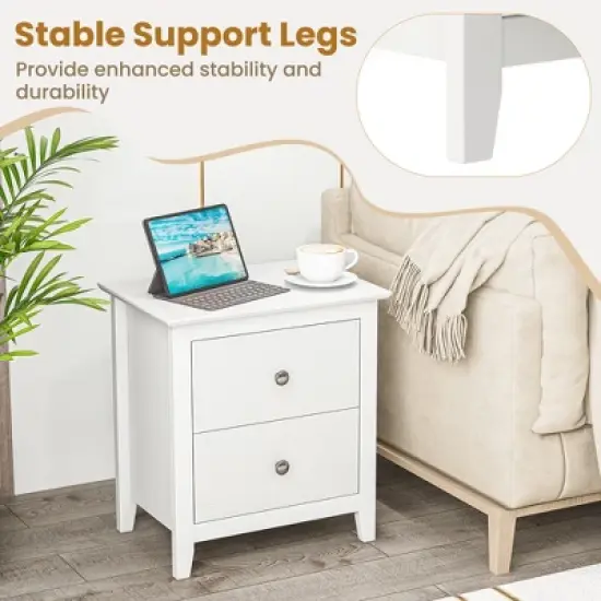 Tangkula 2PCS Modern Nightstand w/ Storage 2 Drawers and Support Legs for Bedroom White image {6}