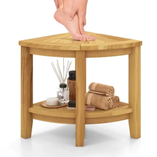 Tangkula Corner Shower Stool Teak Wood Shower Bench w/ Storage Shelf Bathroom Foot Stool image {10}