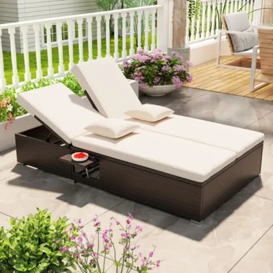 Tangkula Patio Double Chaise Lounge 6 Position Adjustable Wicker Recliner Bed with Cushions & Folding Side Trays image {2}
