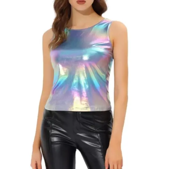 Allegra K Women's U Neck Stretchy Slim Fit Shiny Sparkly Metallic Tank Top image {22}