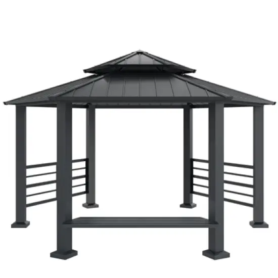 AMERLIFE 13x15FT Hardtop Hexagon Gazebo, Double-Tier Pavilion with Bench, Patio/Garden/Backyard image {8}