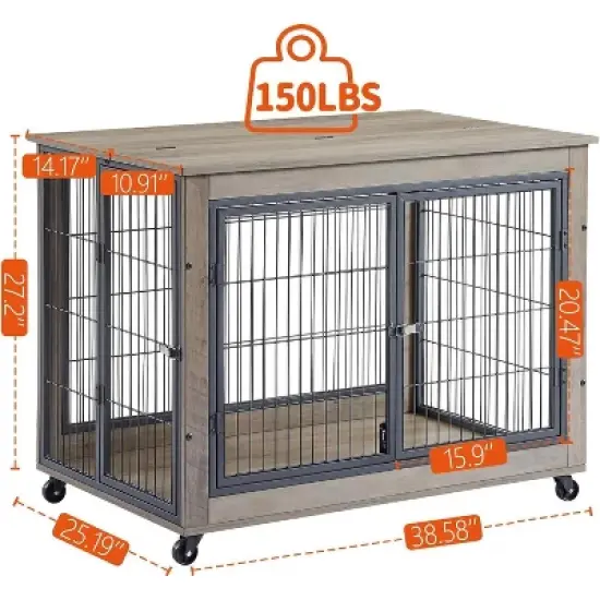 Acekool Wooden Dog Crate - Heavy Duty Furniture Style Kennel with Wheels & Double Doors image {3}
