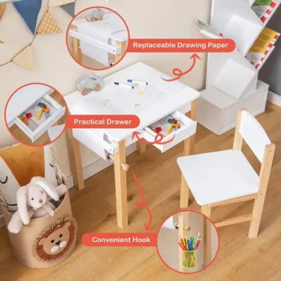 Costway Kids Table and Chair Set Wooden Activity Drawing Study Desk with Paper Roll  Drawer image {6}