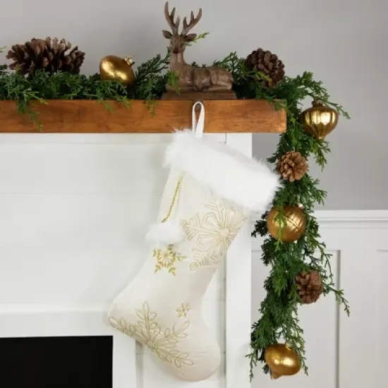 Northlight 20" Cream with Gold Snowflakes Christmas Stocking with Faux Fur Cuff image {1}